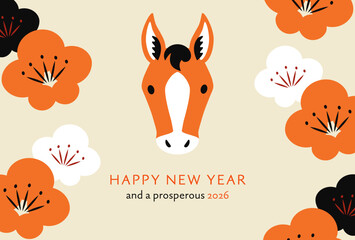 2026午年デザイン　馬の顔と梅の花