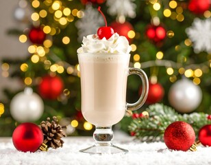 Christmas milkshake glass mug — Space for text: whipped cream & cherry with ornaments and tree bokeh