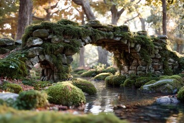 Stone arch bridge covered in moss over a tranquil stream in a sunlit forest