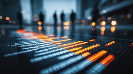 A blurred city scene with figures in the background, featuring colorful data visualizations on a digital surface, evoking themes of technology and urban life.