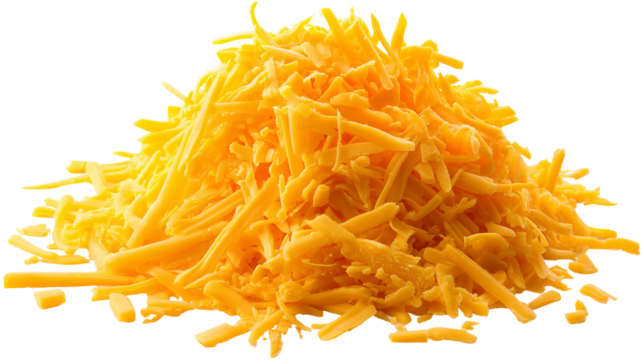 Grated cheddar cheese PNG cutout — high-resolution shredded cheese isolated on transparent background for food packaging mockups, menu design, e-commerce product listings, and recipe graphics