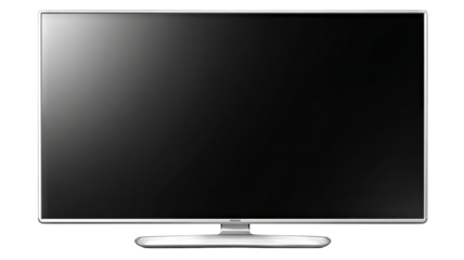 Realistic LED TV screen isolated PNG on transparent background — high-resolution modern smart television display, front view with slim black bezel, clean studio cutout for product mockups, UI previews