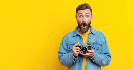 Funny surprised professional male photographer with a retro digital film camera in hands on yellow isolated background with a copy space. Banner for photo school of educational photography