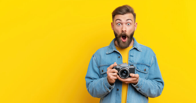 Funny surprised professional male photographer with a retro digital film camera in hands on yellow isolated background with a copy space. Banner for photo school of educational photography