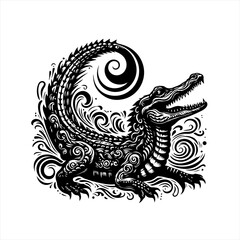 Fototapeta premium Stylized black and white alligator with swirling decorative elements