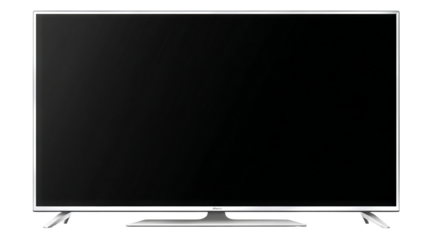 Realistic LED TV screen isolated PNG on transparent background — high-resolution modern smart television display, front view with slim black bezel, clean studio cutout for product mockups, UI previews