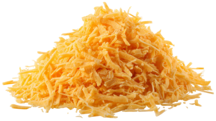 Grated cheddar cheese PNG cutout — high-resolution shredded cheese isolated on transparent background for food packaging mockups, menu design, e-commerce product listings, and recipe graphics