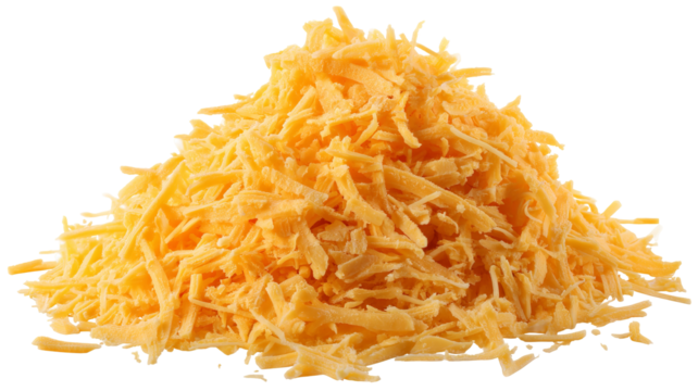 Grated cheddar cheese PNG cutout — high-resolution shredded cheese isolated on transparent background for food packaging mockups, menu design, e-commerce product listings, and recipe graphics
