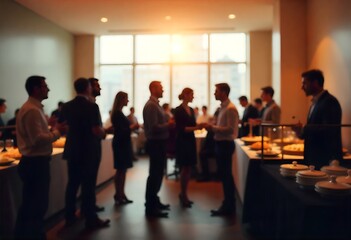 Obraz premium Generative AI image depicts a blurred conference gathering with business people networking and