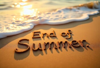 Generative AI image depicts beach sand writing, with the end of summer theme, sunlight view