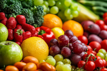 Fresh Colorful Fruits Vegetables Organic Grocery Market Healthy Food Variety Nature Closeup Generative AI
