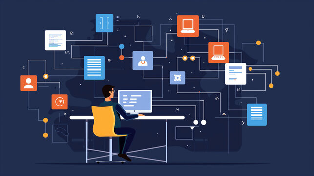 Data flow diagram. Process decomposition and data flow analysis. Engineer using laptop computer to manage data processing system