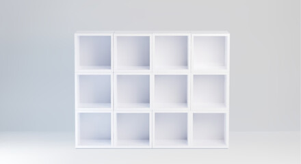 White cabinet with empty compartments - modern shelf unit with clean box sections in grid formation for storage, display or organization. Minimalist furniture piece for home, office or retail spaces. © klyaksun