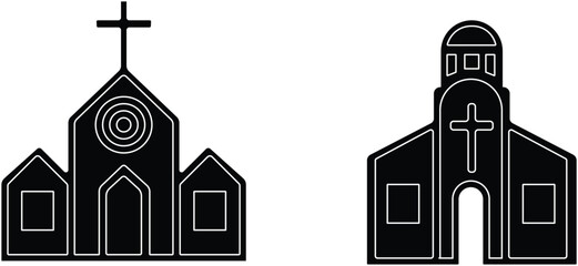 Church building icon set. A collection of flat black vector illustrations representing various church structures in a simple design.Stroke and perfect pixel isolated on transparent background.