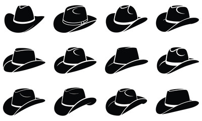 Twelve Black Cowboy Hats in Various Styles on White Background western hat headwear