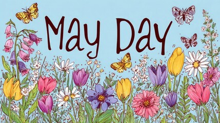 Vibrant may day celebration with butterflies and blooming flowers