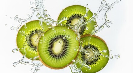 Fresh Kiwi Slices Splashing Through Water