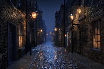 Obraz premium Rainy night in a narrow, historic alley