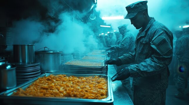 Soldiers Preparing Food in Military Mess Hall with Steam and Fog