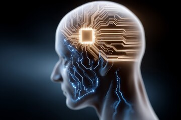 Futuristic human male with integrated circuitry and digital brain interface