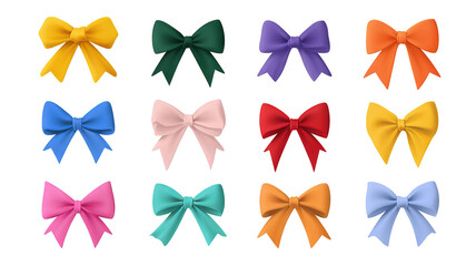 Colorful ribbon banners and bows icon set – flat vector decoration collection, high-resolution PNG cutouts on transparent background, isolated clipart for labels, badges, gift wrapping and sale tags