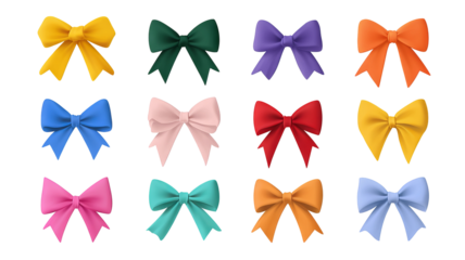 Colorful ribbon banners and bows icon set – flat vector decoration collection, high-resolution PNG cutouts on transparent background, isolated clipart for labels, badges, gift wrapping and sale tags