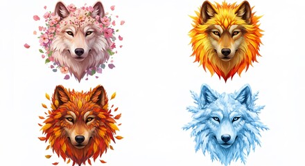 Four seasonal wolf portraits