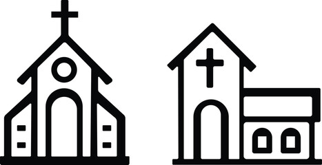 Church building icon set. A collection of flat black vector illustrations representing various church structures in a simple design.Stroke and perfect pixel isolated on transparent background.