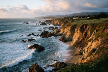 Naklejka premium Dramatic coastal cliffs meet crashing waves at sunset