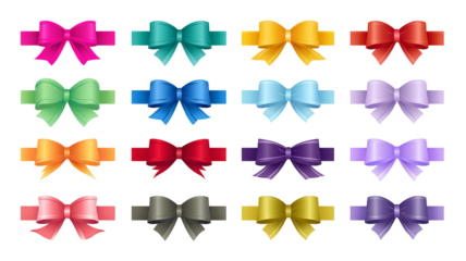 Colorful ribbon banners and bows icon set – flat vector decoration collection, high-resolution PNG cutouts on transparent background, isolated clipart for labels, badges, gift wrapping and sale tags