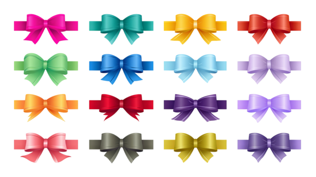 Colorful ribbon banners and bows icon set – flat vector decoration collection, high-resolution PNG cutouts on transparent background, isolated clipart for labels, badges, gift wrapping and sale tags