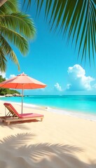 Generative AI: Tropical Beach Scene with Parasol, Lounge Chair, Palm Trees and Turquoise Waters