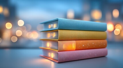 A stack of colorful books is illuminated softly against a blurred background of warm lights, creating a cozy and inviting atmosphere.