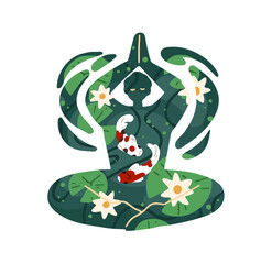 Concept of meditation, zen and harmony with nature. Abstract human silhouette in asana with swimming koi, Japanese carps. Retreat, practice of yoga poses. Flat isolated vector illustration on white