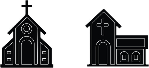 Church building icon set. A collection of flat black vector illustrations representing various church structures in a simple design.Stroke and perfect pixel isolated on transparent background.