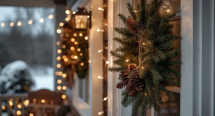 Cozy Winter Porch with Christmas Wreath, Fairy Lights, and Lantern, Festive Decor.