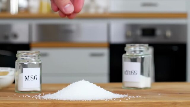 The process of adding MSG in a food meal preparation on a wooden surface table