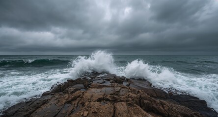 Crashing Waves on Rocky Shoreline under a Dramatic Cloudy Sky, Coastal Scene.
