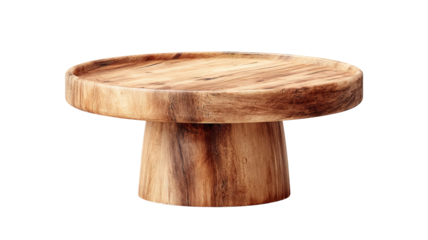 Round wooden display pedestal stand — smooth natural wood grain podium for product showcase and decor styling, minimalist riser prop for branding mockups, isolated PNG cutout on transparent background