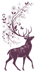 Minimilist elegant deer silhouette adorned with floral elements and a butterfly on its antlers design art vector
