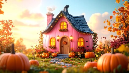 Pink pumpkin house at autumn sunrise