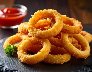 Panko-crusted onion rings stack with ketchup dip on black slate — close-up