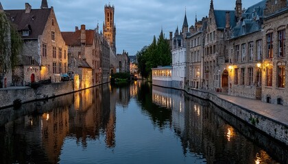 Fototapeta premium Calm canal reflects historic buildings at twilight