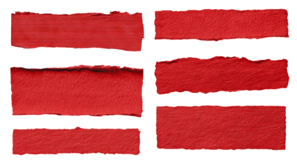 Set of realistic red torn adhesive paper tape pieces isolated on transparent background, high-resolution PNG cutout ideal for scrapbooking, craft design, stationery decoration, collage projects