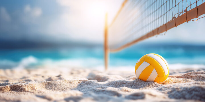 beach volleyball with net and ball on sandy beach in summer by the sea - Powered by Adobe