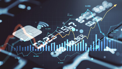 Abstract digital background of credit card chip overlayed with financial data, graphs, and light effects signifying banking and technology growth.