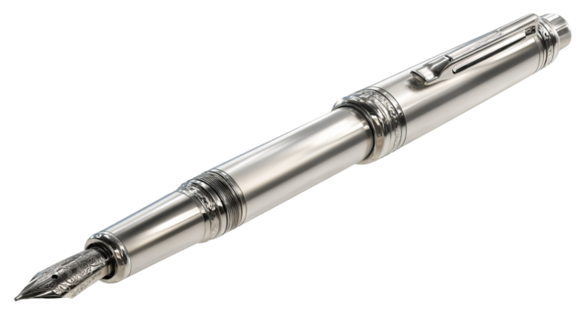 Silver ballpoint pen isolated on transparent background — high-resolution PNG cutout with realistic metal finish for stationery mockups, office and school branding, minimalist writing tool clipart
