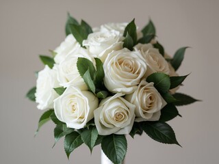 Elegant Bouquet of White Roses with Lush Green Leaves, Wedding Flowers.