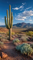 Tall cactus dominates desert landscape, path leads to mountains under a mostly clear sky