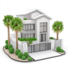 Modern White Two Story House with Palm Trees and Metal Gate 3D Rendering